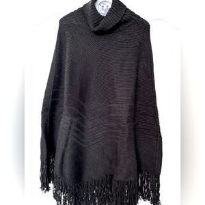 🍁Cozy Banana Republic Black Grey Merino Ribbed Turtleneck Fringe Poncho Sweater